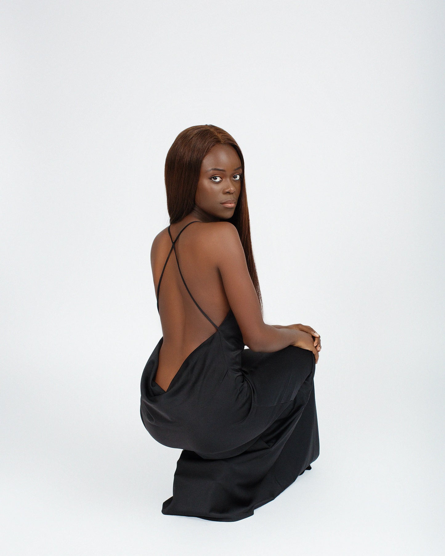 Margot Premium Satin Cowl Neck Low Back Maxi Dress in Black Josh And Nicol