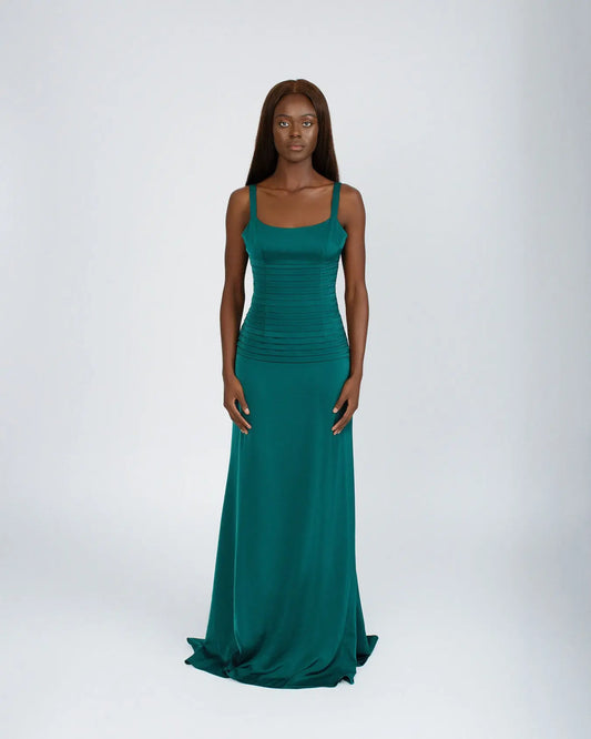 Catherine Fitted Corset Premium Satin Pin-tuck Design Lace Up Back Full Length Dress In Emerald Green Josh And Nicol
