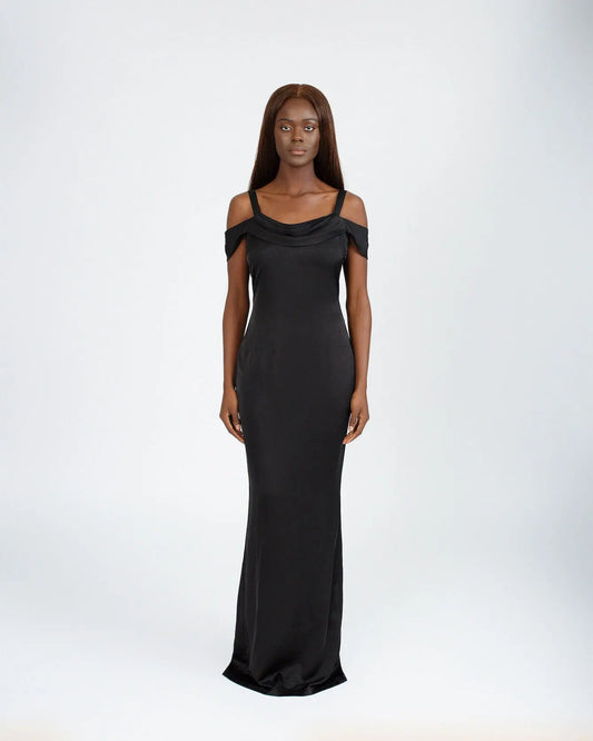 Lizzie Draped Off The Shoulder Cowl Neck Long Maxi Dress in Black Josh And Nicol