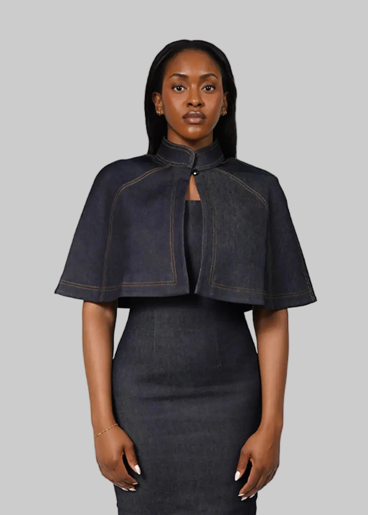 Sofia Topstitched Denim Cape - Josh And Nicol Sofia Topstitched Denim Cape - Josh And Nicol