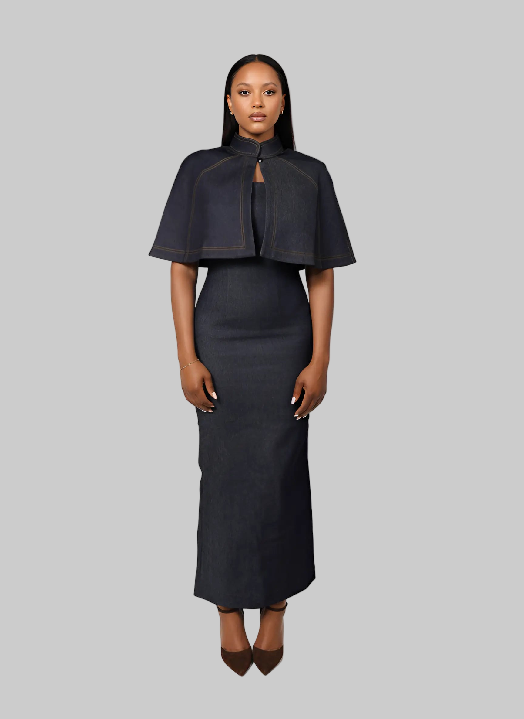 denim cape dress Ruby Cape-Cut Midi Denim Dress