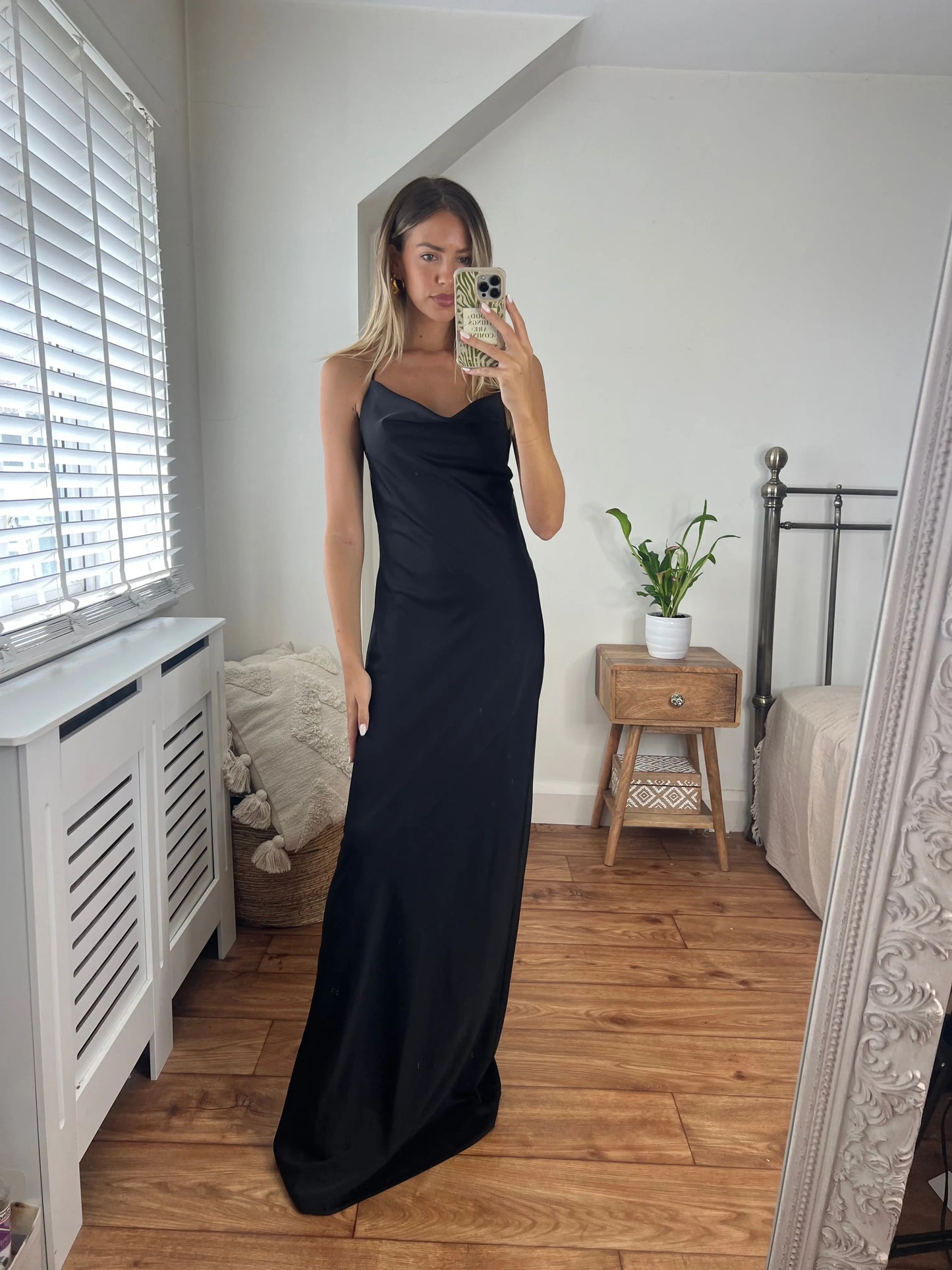 Margot Premium Satin Cowl Neck Low Back Maxi Dress in Black Josh And Nicol