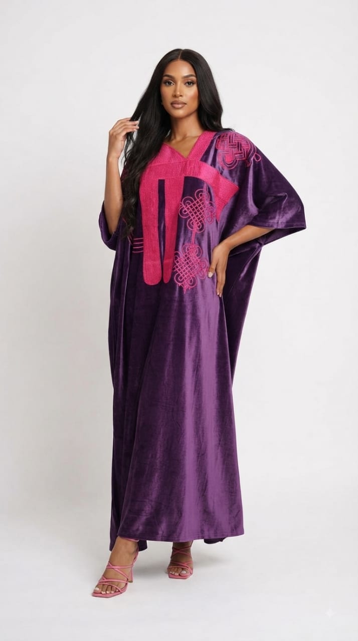 IYABO one-of-one fuchsia hand-embroidered kaftan in aubergine purple velvet by Josh And Nicol, one size maxi
