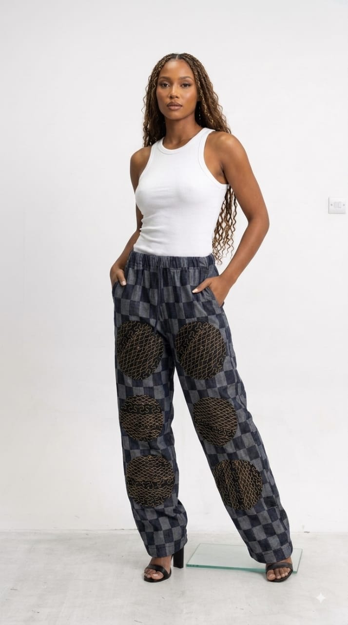 Patchwork Denim Wide Leg Trousers - Tan Circle Embroidery Josh And Nicol