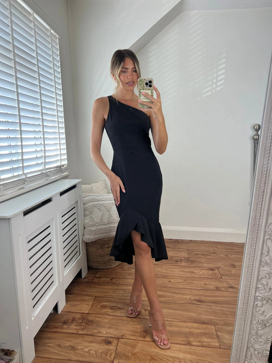 Diana One Shoulder Luxurious Crepe Fitted Peplum Frill Midi Dress in Black Josh And Nicol