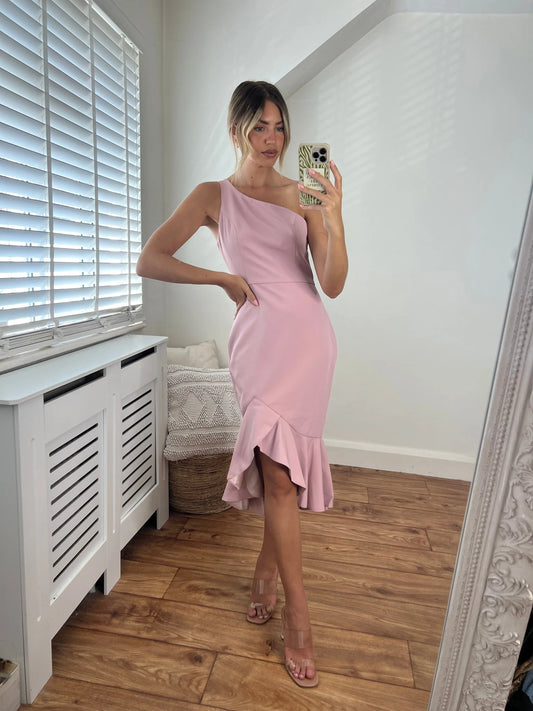 Diana One Shoulder Luxurious Crepe Fitted Peplum Frill Midi Dress in Blush Pink Josh And Nicol