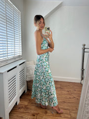Zara White and Green Flower Print Satin Low Back V Neck Strappy Dress