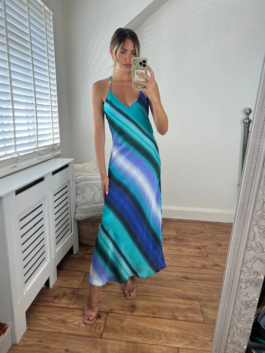 Mykonos Blue Stripe Printed Midi Low Back V Neck Bias Cut Strappy Dress Josh And Nicol