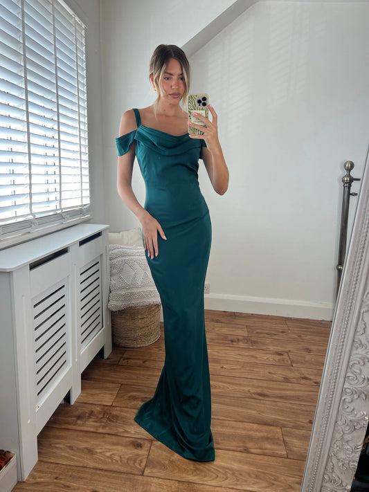 Lizzie Draped Off The Shoulder Cowl Neck Dress in Emerald Green Josh And Nicol