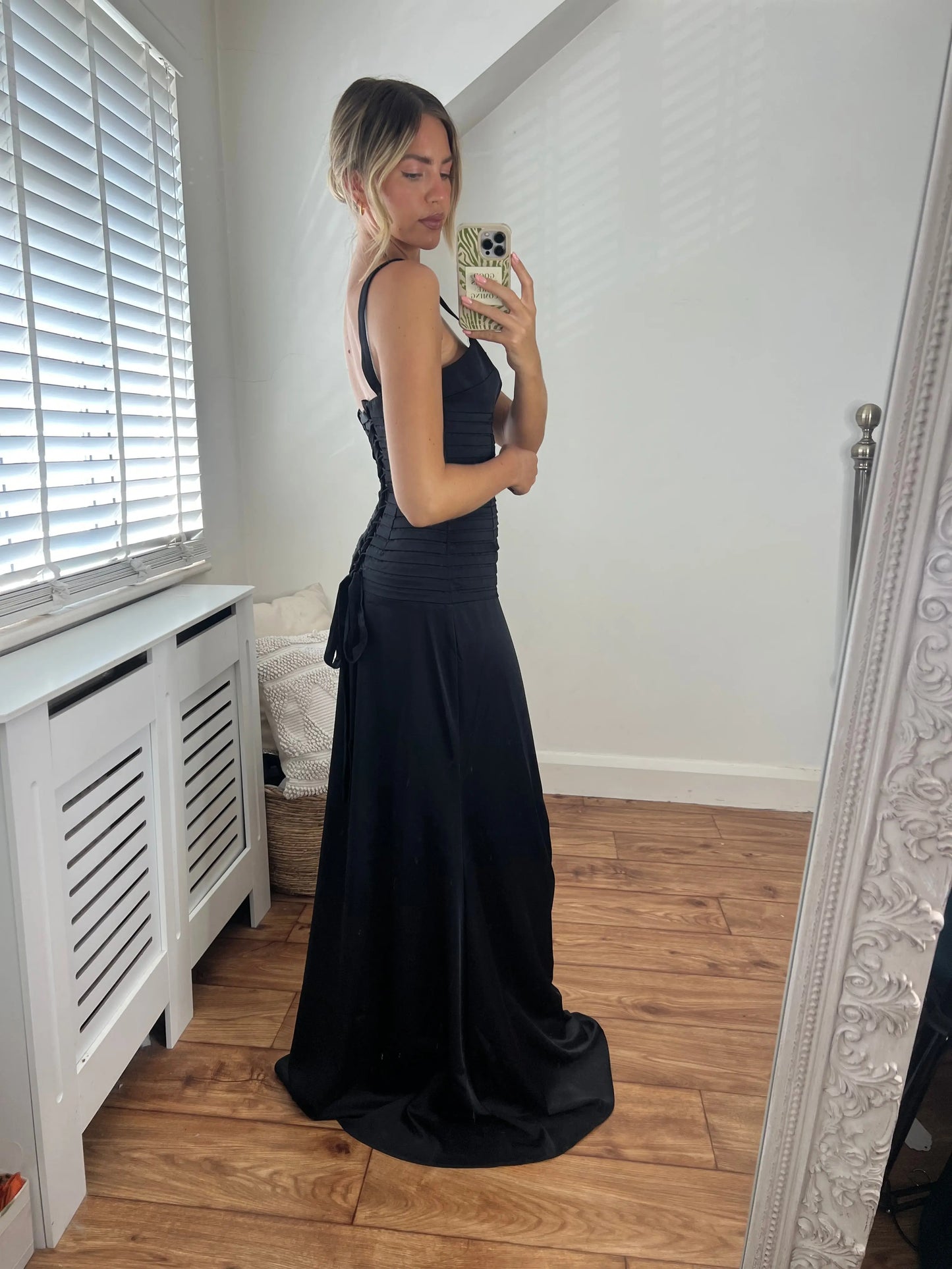 Catherine Fitted Premium Satin Pin-tuck Design Lace Up Back Full Length Dress In Black Josh And Nicol