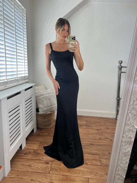 Catherine Fitted Premium Satin Pin-tuck Design Lace Up Back Full Length Dress In Black Josh And Nicol