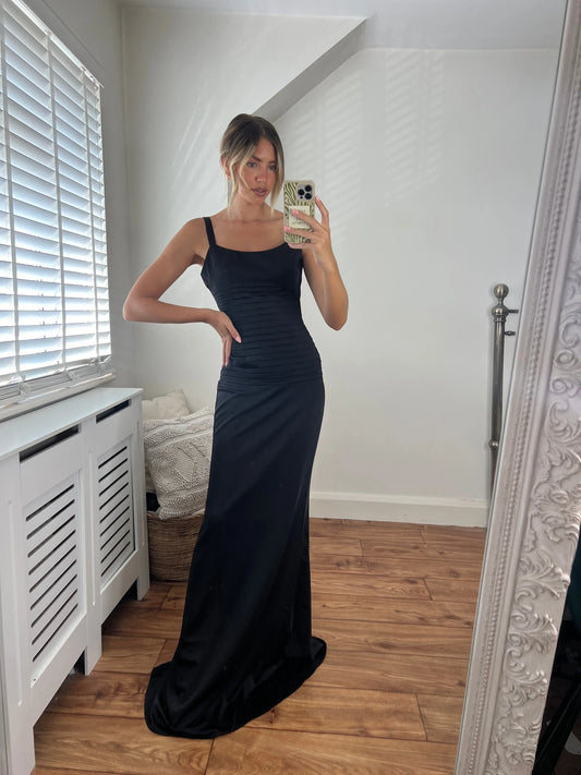Catherine Fitted Premium Satin Pin-tuck Design Lace Up Back Full Length Dress In Black Josh And Nicol