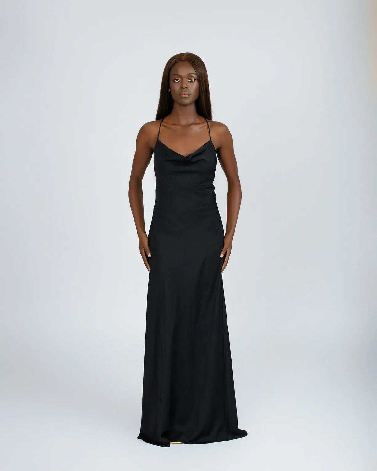 Margot Premium Satin Cowl Neck Low Back Maxi Dress in Black Josh And Nicol