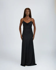 Margot Premium Satin Cowl Neck Low Back Maxi Dress in Black Josh And Nicol