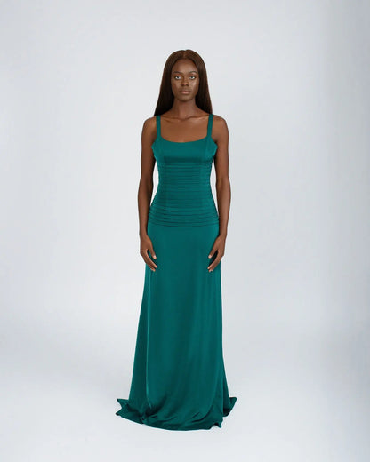 Catherine Fitted Corset Premium Satin Pin-tuck Design Lace Up Back Full Length Dress In Emerald Green Josh And Nicol