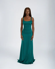 Catherine Fitted Corset Premium Satin Pin-tuck Design Lace Up Back Full Length Dress In Emerald Green