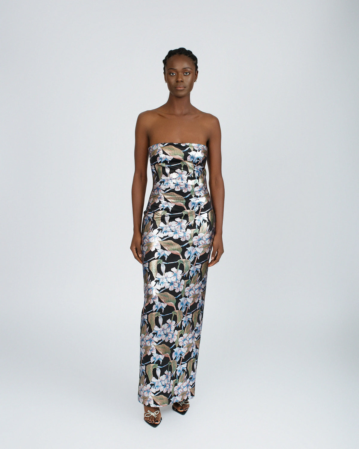 Sofia Maxi Bodycon Dress in Foil Floral Print