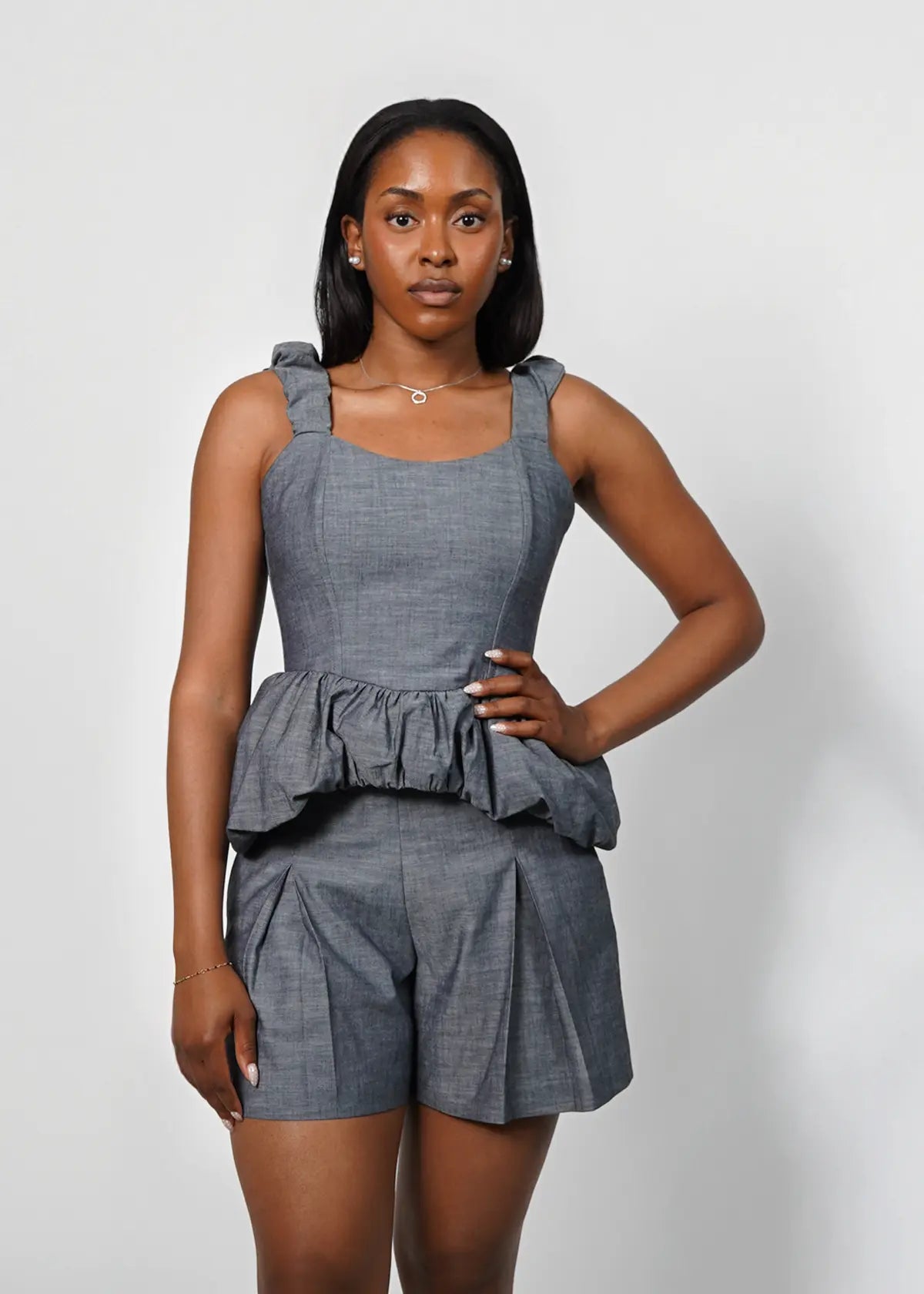 The Denim Peplum Top & Shorts Set