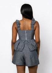 The Denim Peplum Top & Shorts Set