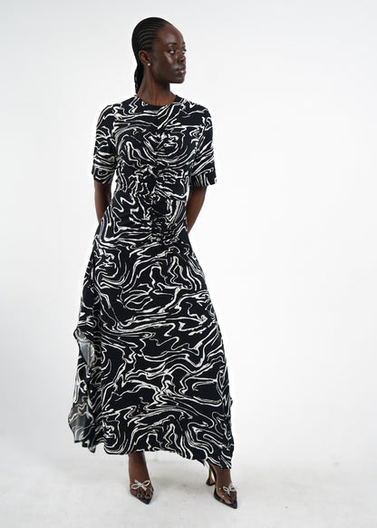 Noel Ruched Maxi Gown in Black and white marble