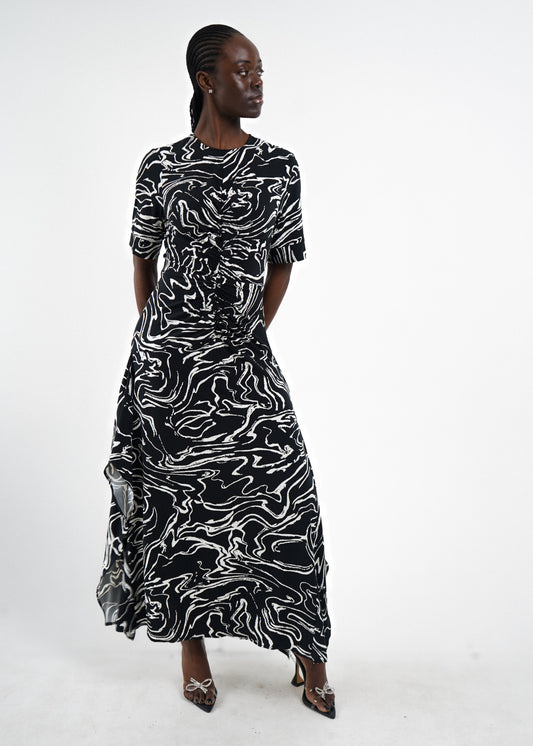Noel Ruched Maxi Gown in black and white marble print by Josh And Nicol, floor-length ruched gown