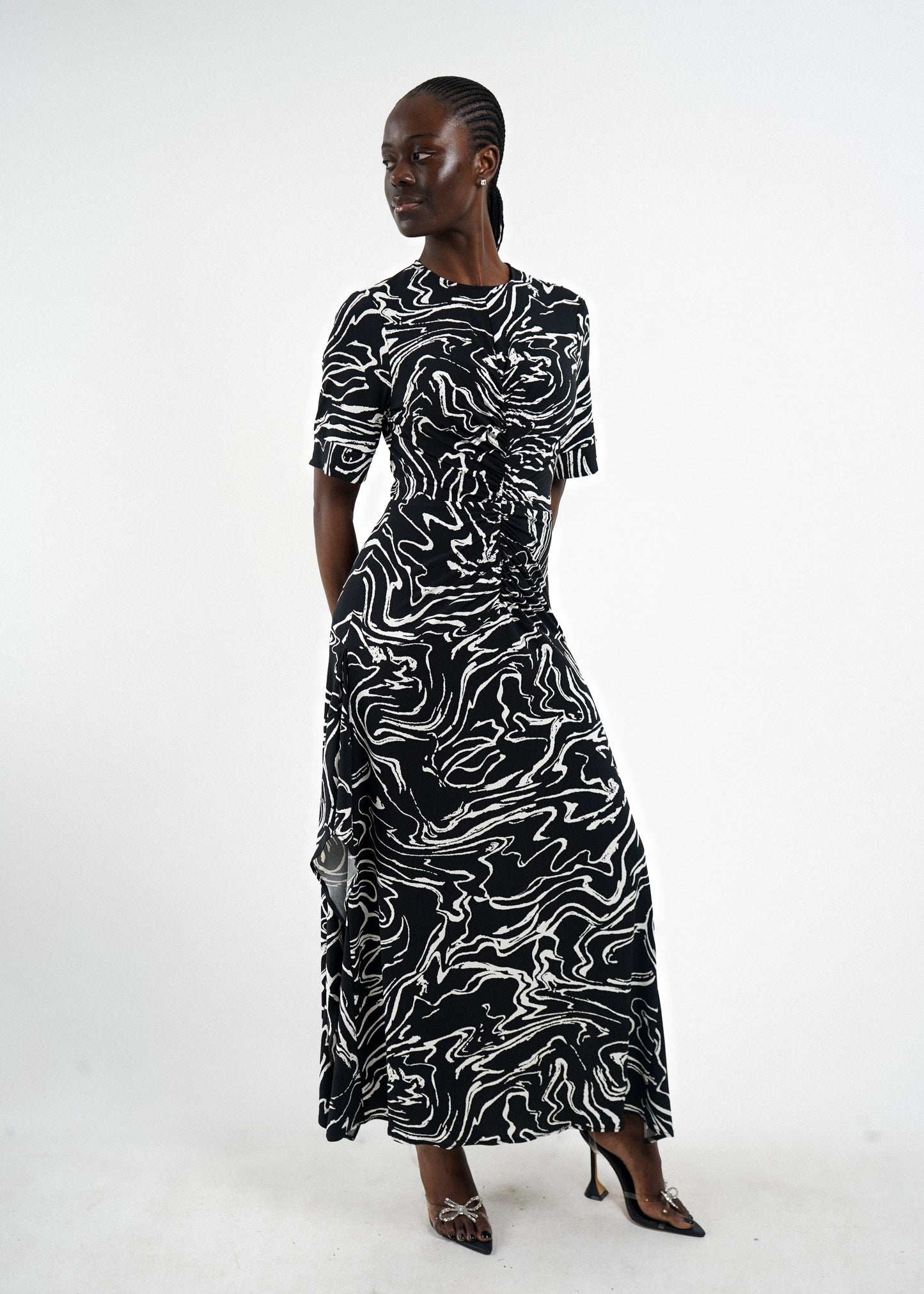 Noel Ruched Maxi Gown in Black and white marble