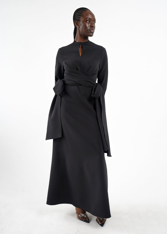 Keyhole Front Twist Maxi Dress in black by Josh And Nicol, long sleeve modest maxi with twist waist