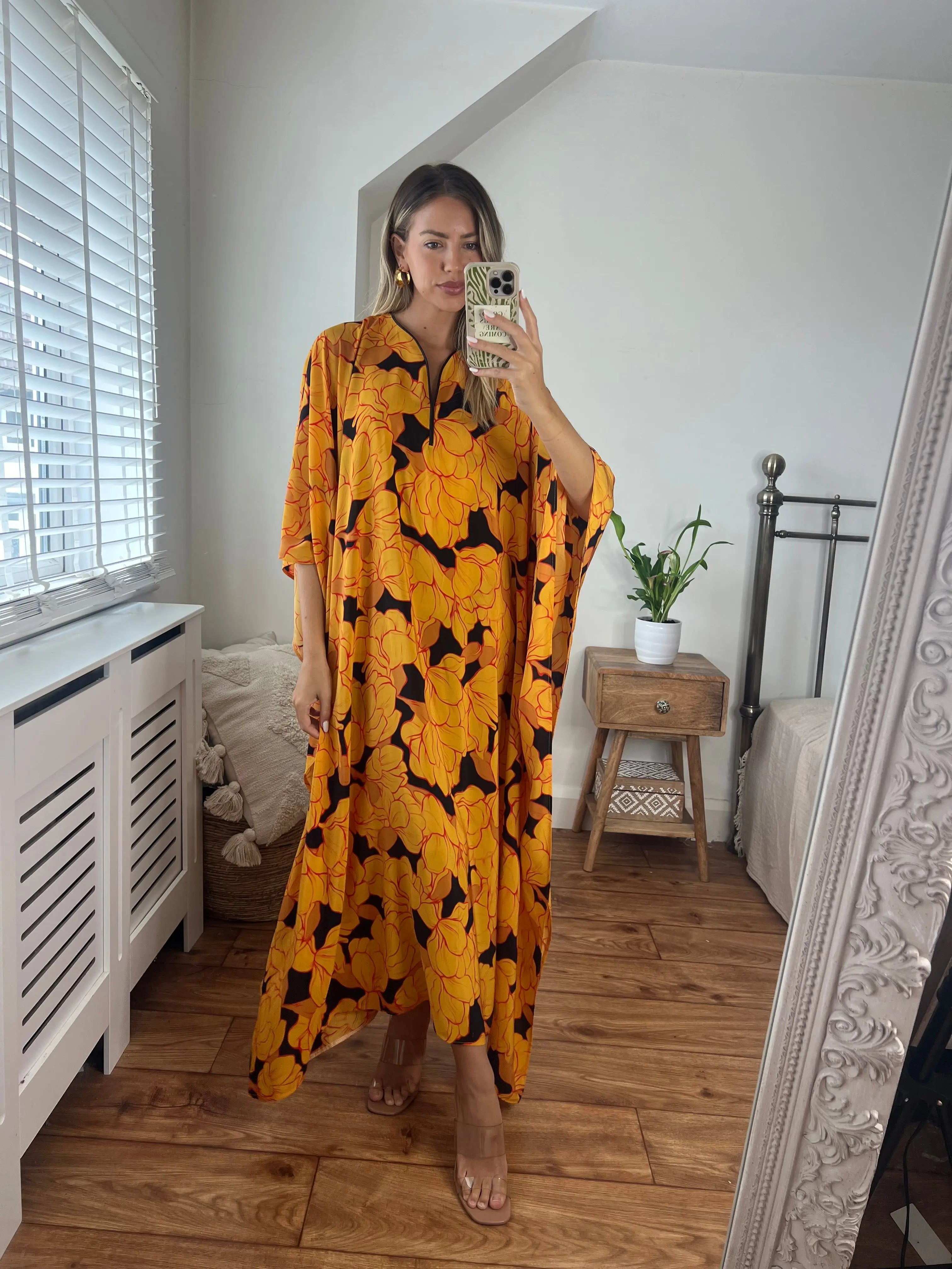 100% Pure Silk Yellow Print Kaftan Josh And Nicol