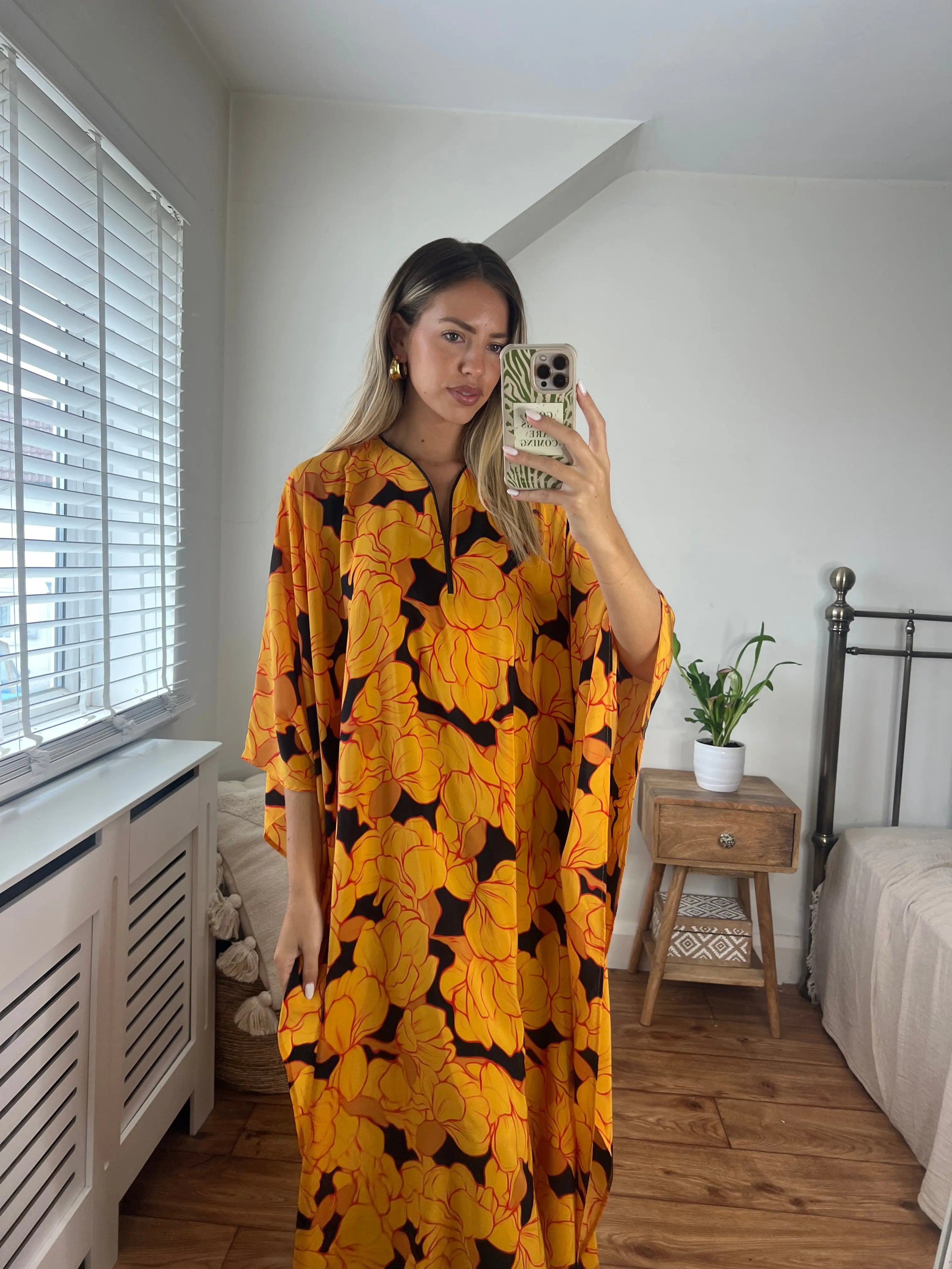 100% Pure Silk Yellow Print Kaftan Josh And Nicol