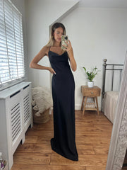 Margot Premium Satin Cowl Neck Low Back Maxi Dress in Black Josh And Nicol