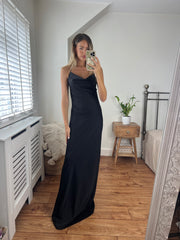 Margot Premium Satin Cowl Neck Low Back Maxi Dress in Black