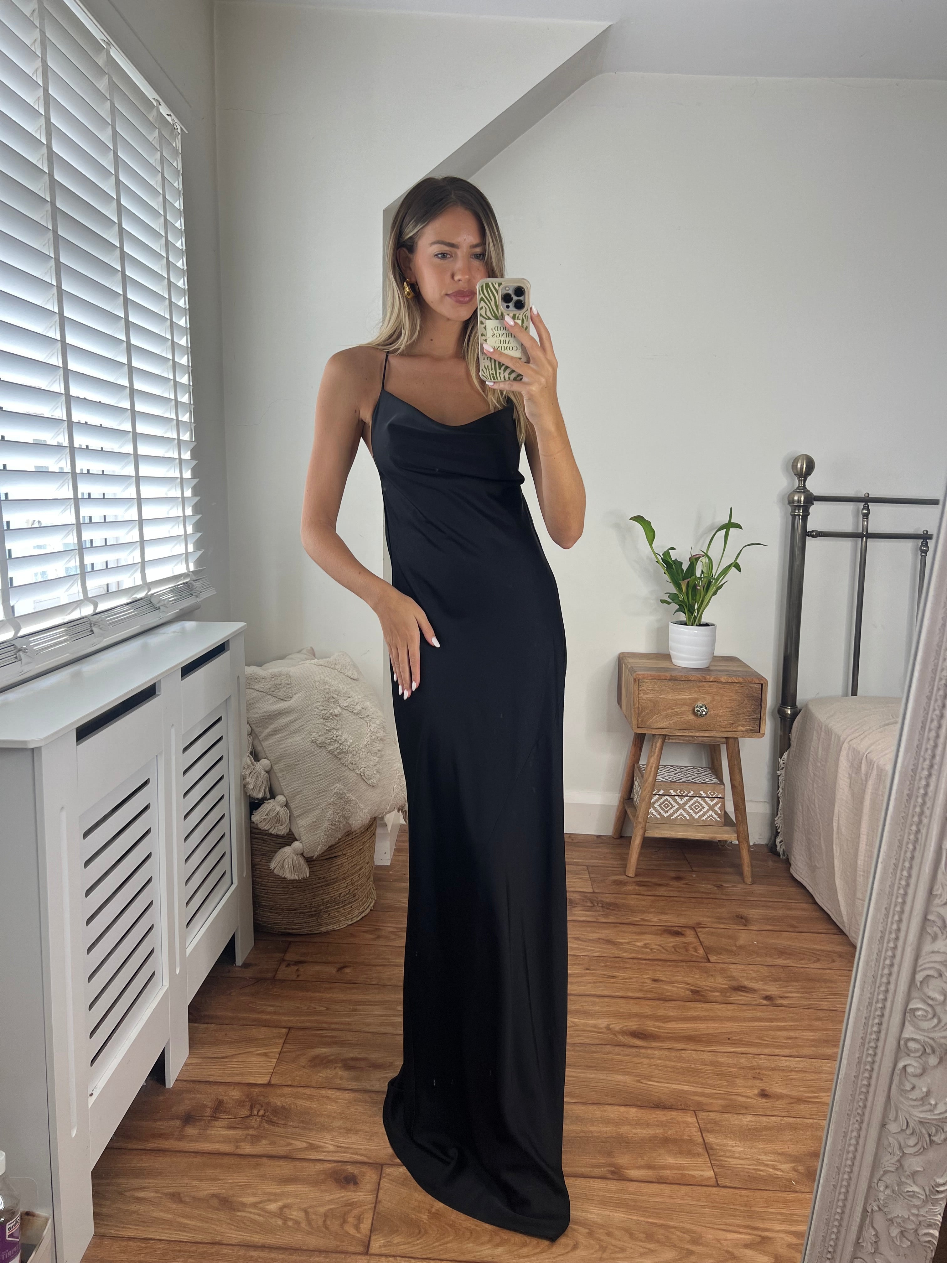 Margot Premium Satin Cowl Neck Low Back Maxi Dress in Black