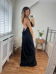 Margot Premium Satin Cowl Neck Low Back Maxi Dress in Black