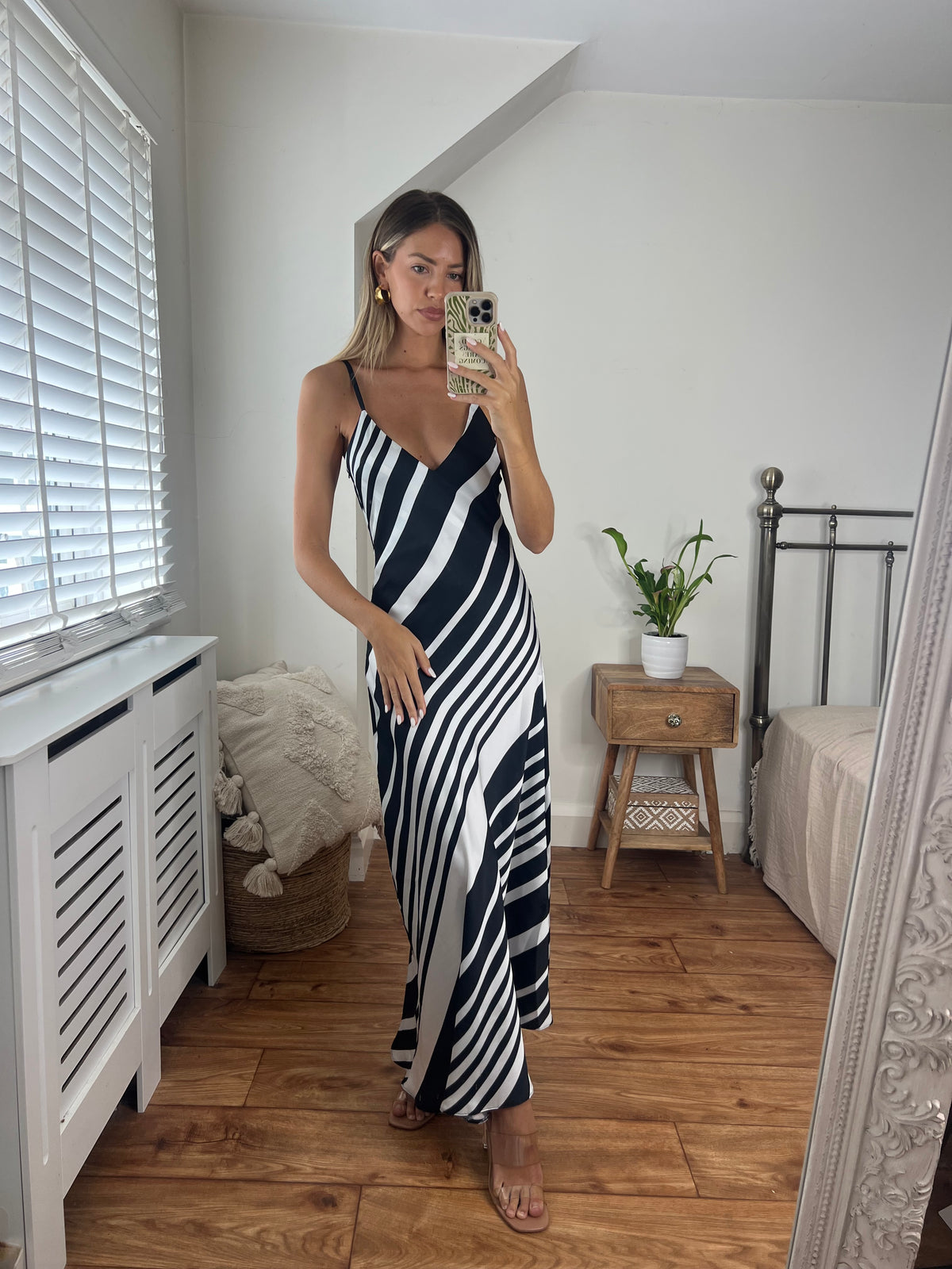 Chrissy Stripe Longer Length Midi Dress with Strap detail