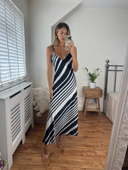 Chrissy Stripe Longer Length Midi Dress with Strap detail