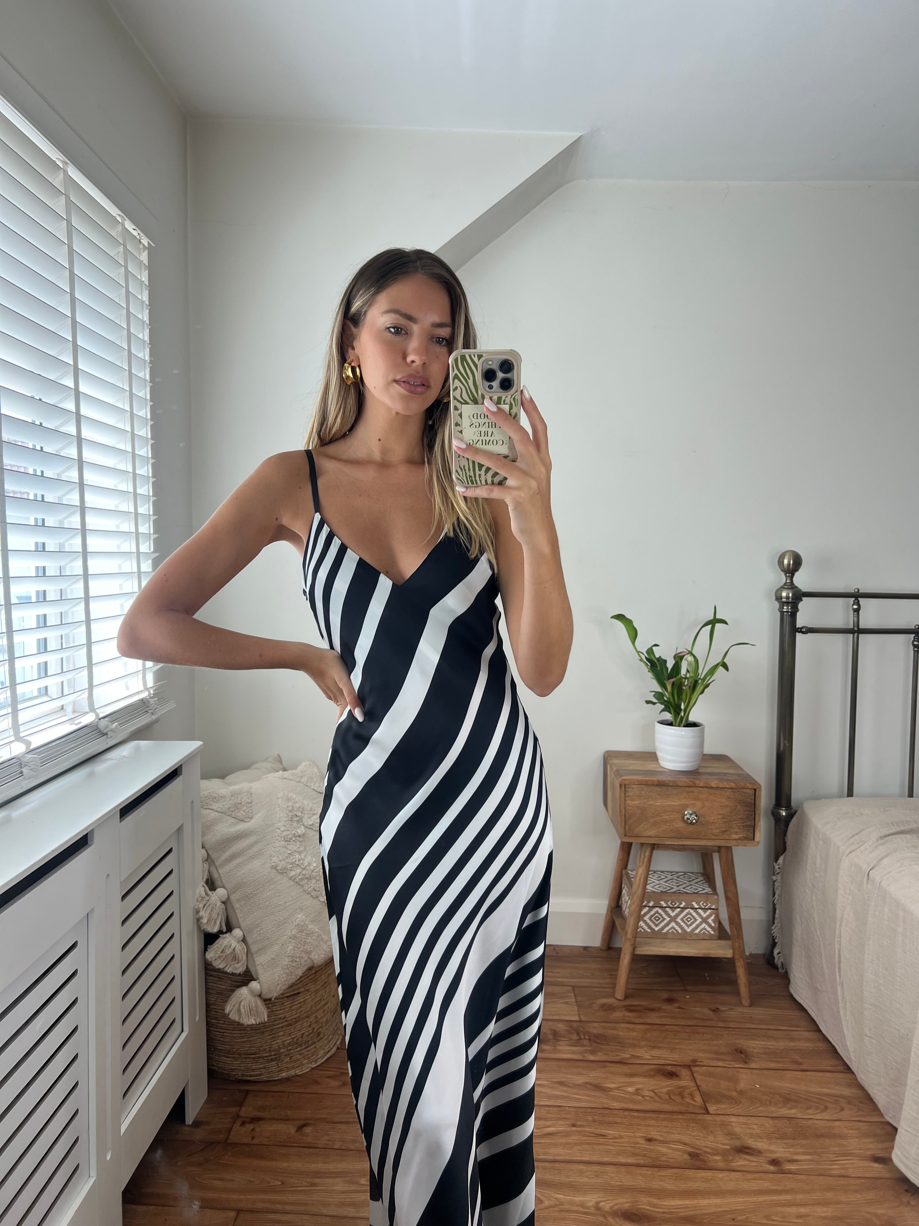 Chrissy Stripe Longer Length Midi Dress with Strap detail