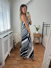 Chrissy Stripe Longer Length Midi Dress with Strap detail