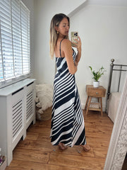 Chrissy Stripe Longer Length Midi Dress with Strap detail