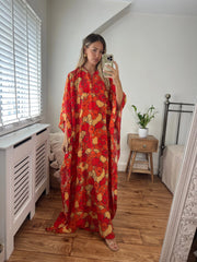 100% Pure Silk Red and Orange Floral Print Kaftan