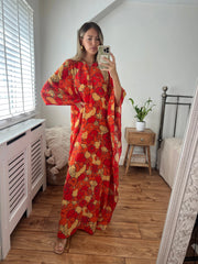 100% Pure Silk Red and Orange Floral Print Kaftan