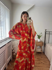 100% Pure Silk Red and Orange Floral Print Kaftan