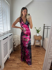 Hayley V-Neck Elegant Maxi Printed dress with wide straps in a stunning textured lace and print fabric