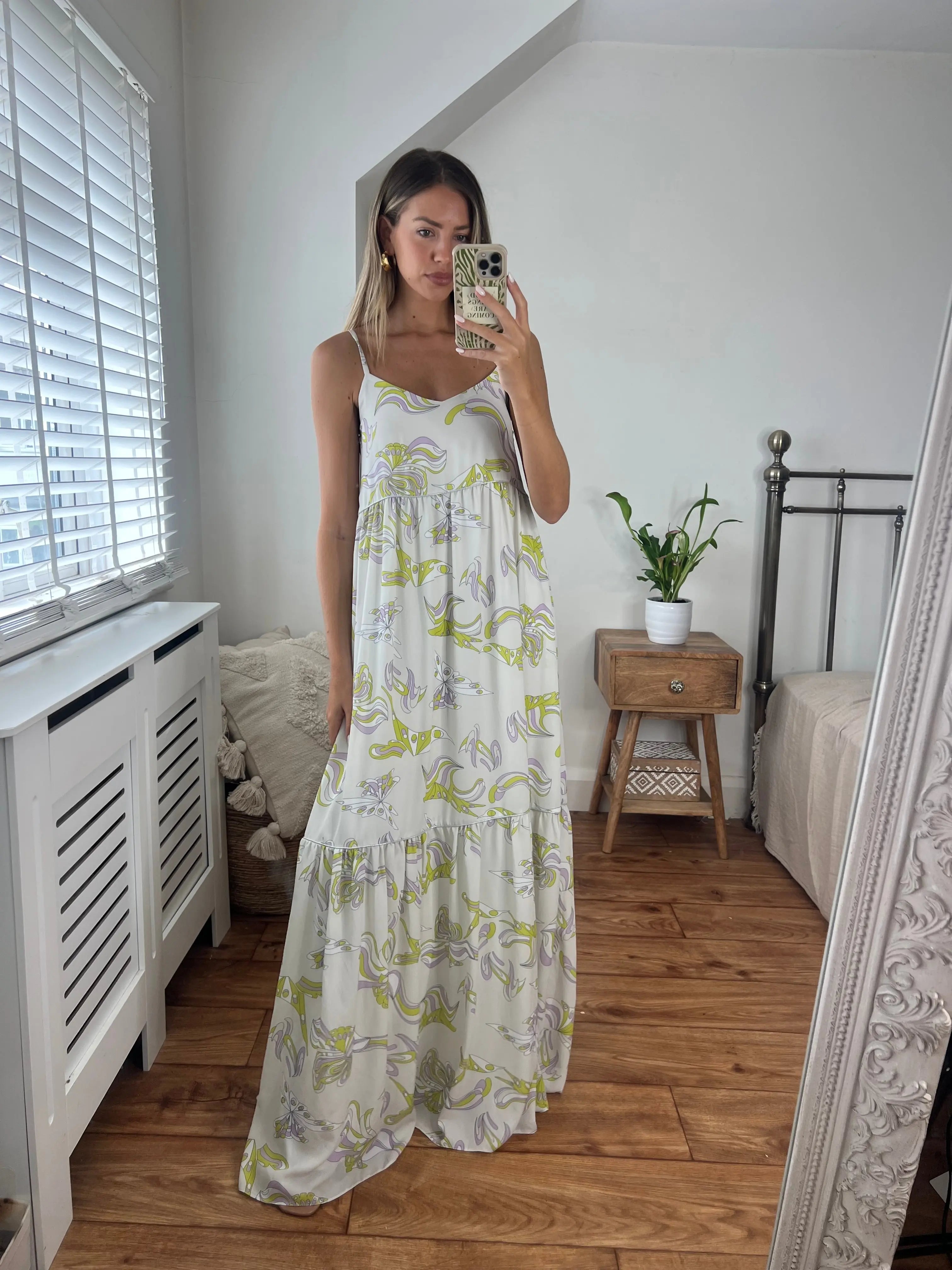 Fiona Printed Maxi Dress with strap detail and silver piping fully lined Josh And Nicol
