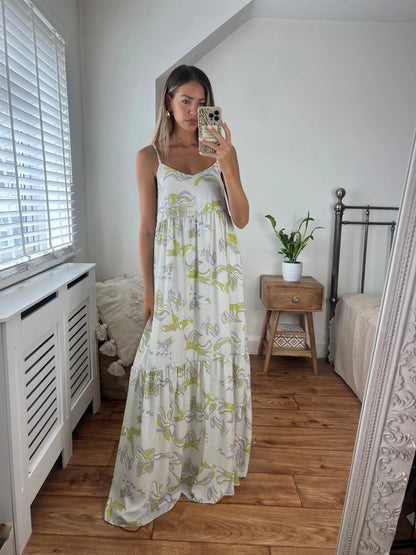 Fiona Printed Maxi Dress with strap detail and silver piping fully lined Josh And Nicol