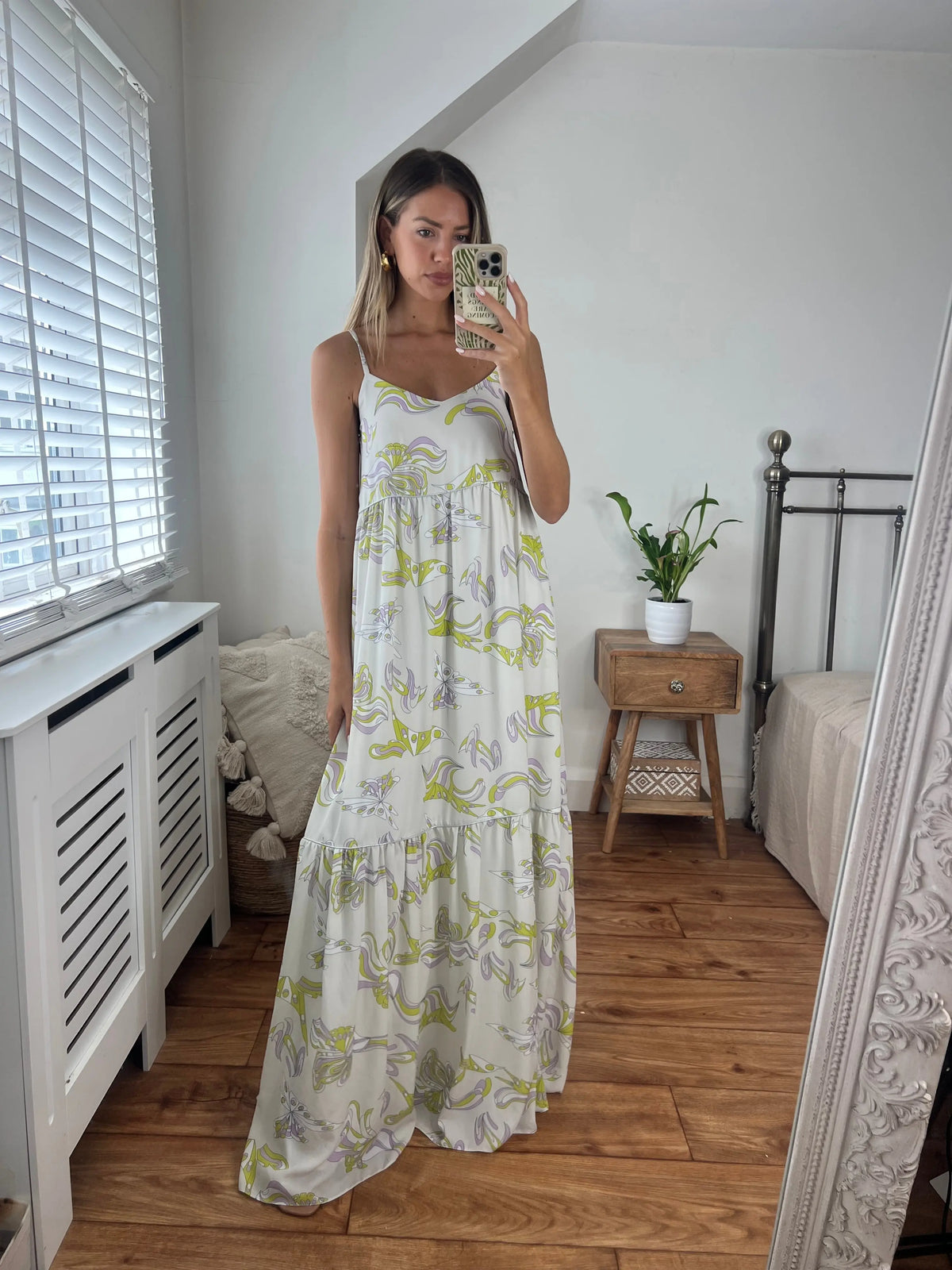 Fiona Printed Maxi Dress with strap detail and silver piping fully lined Josh And Nicol