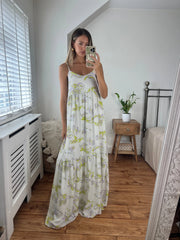 Fiona Printed Maxi Dress with strap detail and silver piping fully lined Josh And Nicol