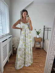 Fiona Printed Maxi Dress with strap detail and silver piping fully lined Josh And Nicol