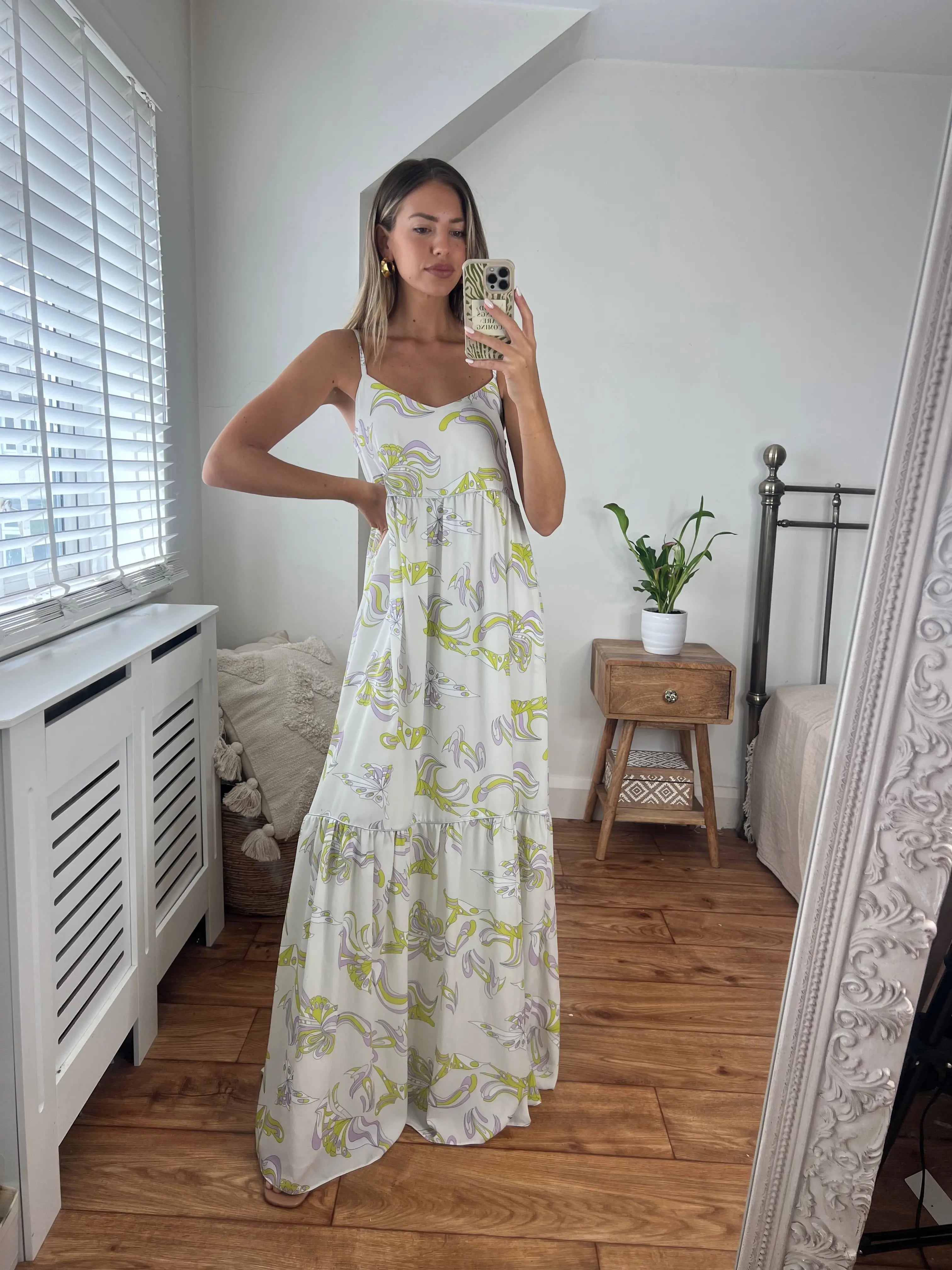 Fiona Printed Maxi Dress with strap detail and silver piping fully lined Josh And Nicol