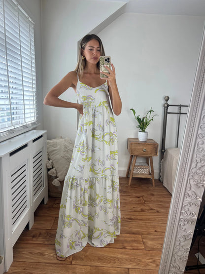 Fiona Printed Maxi Dress with strap detail and silver piping fully lined Josh And Nicol