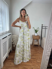Fiona Printed Maxi Dress with strap detail and silver piping fully lined Josh And Nicol